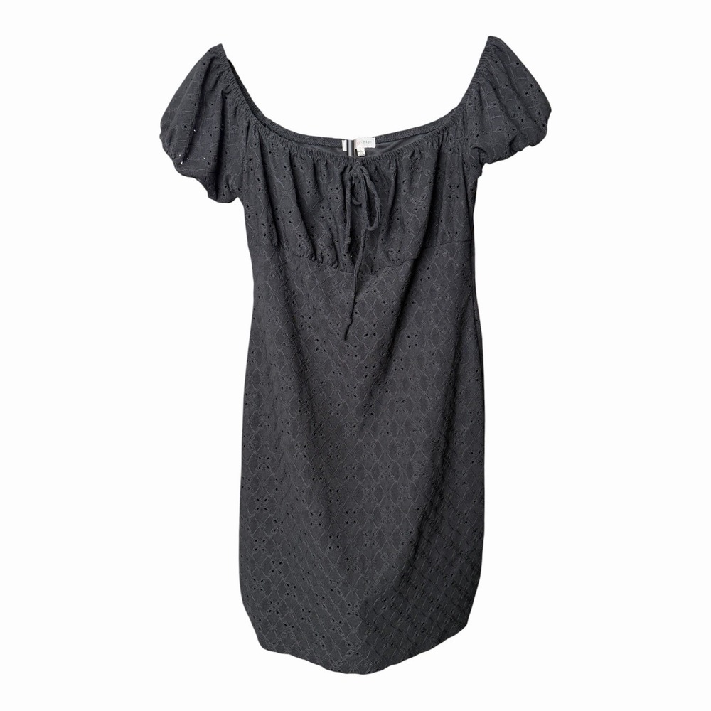 Heart Hips Black Eyelet Mini Dress Puff Sleeve Cottagecore Boho Women's L